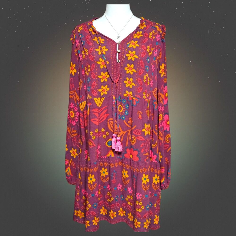 Easel Los Angeles M Boho Floral Tassel Tunic Dress Cottagecore Peasant